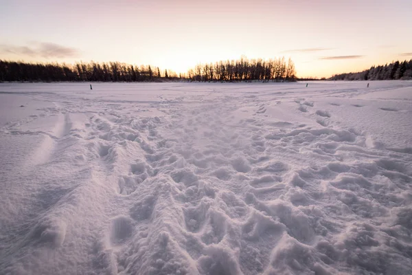 Le lac de glace et la forêt a recouvert de neige épaisse et belle blu — Photo