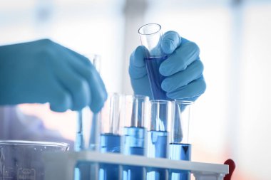 Asyalı bilim adamı bir laboratuvarda araştırma ve öğrenme yapıyor..