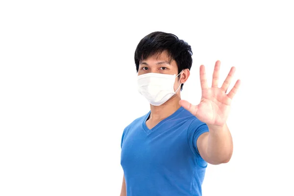 Asijský Mladý Muž Modrém Tričku Top Lékařské Masky Ochranu Covid — Stock fotografie