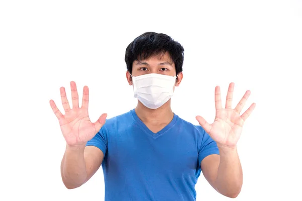 Asijský Mladý Muž Modrém Tričku Top Lékařské Masky Ochranu Covid — Stock fotografie