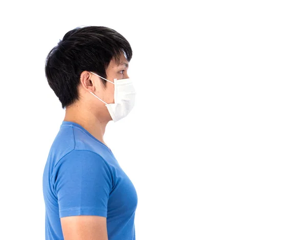 Asian Young Man Blue Shirt Top Medical Mask Protect Covid — Stock Photo, Image