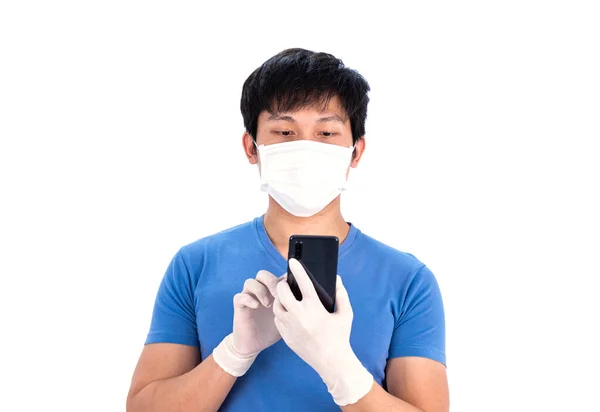 Asijský Mladý Muž Modrém Tričku Top Lékařskou Maskou Latexové Rukavice — Stock fotografie