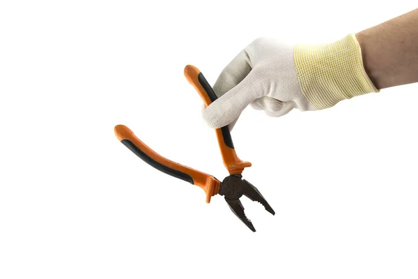 Alicate laranja e preto na mão em luva branca isolada sobre fundo branco — Fotografia de Stock