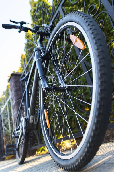 Vélo de piste de sport gris sur le gros plan de la rue près des buissons verts. Focus sélectif sur le centre de roue . — Photo