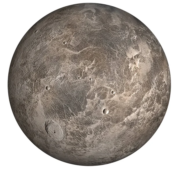 Ceres. Koyu kahverengi taş gezegen, beyaz arka planda izole edilmiş meteor kraterleri var..