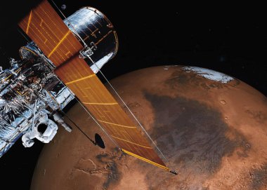 Mars gezegeni yakınlarında uzayda bir yerde bir astronotla uydu.
