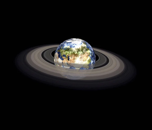 Planet Erde mit Ring isoliert auf schwarzem Hintergrund. — Stockfoto