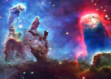 Uzayın derinliklerinde bir yerde. Yaradılış ve uzay tozunun direkleri. Bu görüntünün elementleri Nasa tarafından döşendi