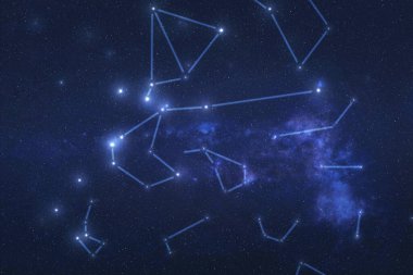 Uzayda birden fazla takımyıldız var. Yıldızlı gökyüzü takımyıldız çizgileri ile. Bu görüntünün elementleri Nasa tarafından döşendi 