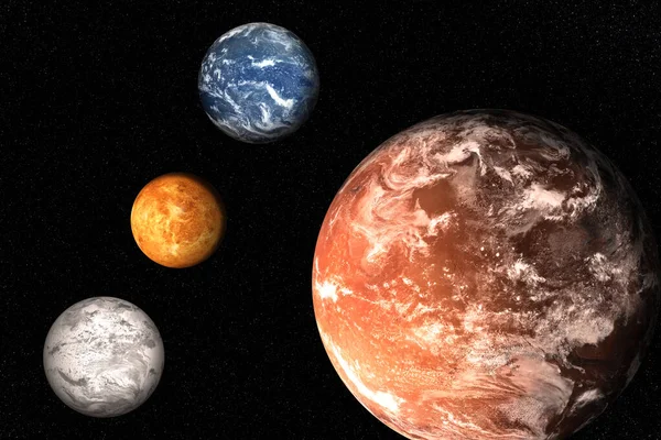 Planets of solar system together in space. Earth, Mars, Venus, Neptune. Science fiction wallpaper. Elements of this image were furnished by NASA.