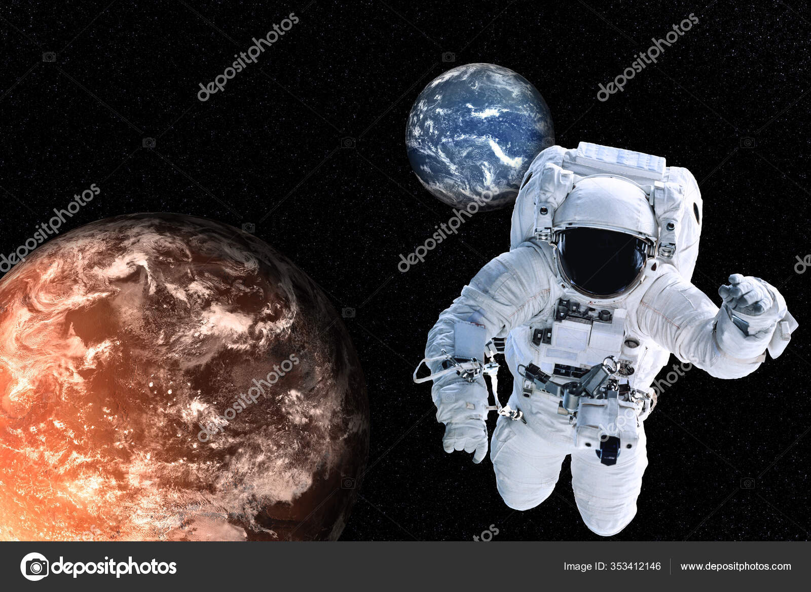 太陽系の惑星の近くの宇宙飛行士は宇宙で一緒にいます 地球と火星sf 太陽系の惑星の近くの宇宙飛行士は宇宙で一緒にいます 地球と火星sf