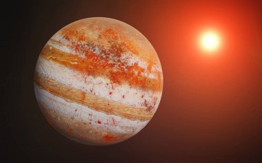 Kızıl Jüpiter, uzayda yükselen güneşin mercekleriyle kurgusal bir gezegen gibidir. 3 boyutlu resimleme. Görüntünün elementleri NASA tarafından döşendi.