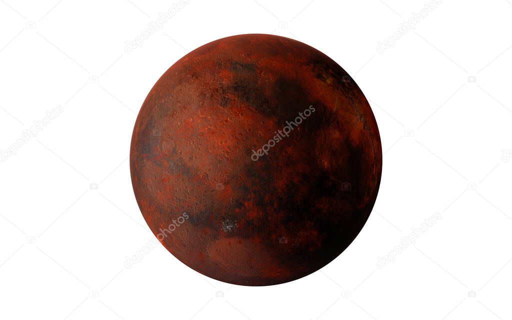 Mars planet of solar system isolated on white background. High detaled 3D render illustration. Elements of this image were furnished by NASA 