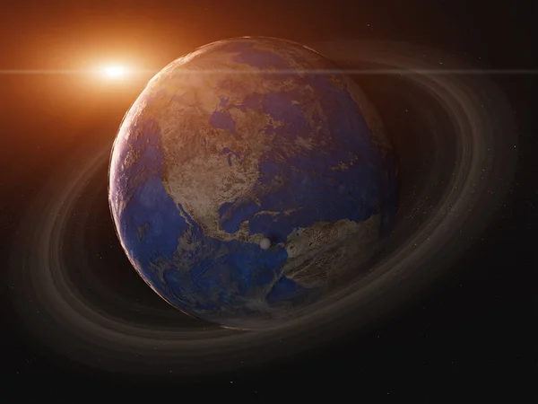 Lever Soleil Sur Exoplanète Fantastique Avec Atmosphère Surface Océan Anneau — Photo
