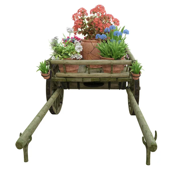 Carrello in legno e vasi di fiori — Foto Stock