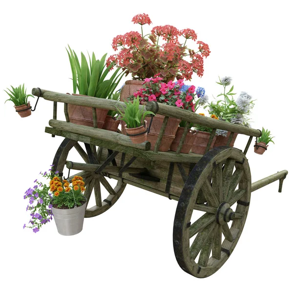 Wooden cart and flowers pots