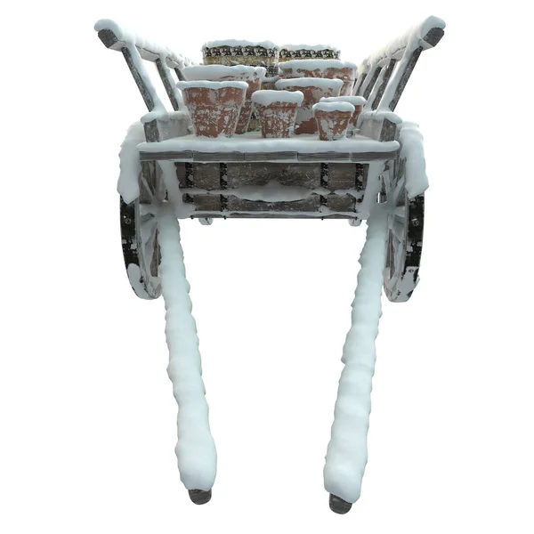 Drewniany wózek z pokrytymi śniegiem garnkami — Zdjęcie stockowe