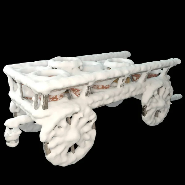 3D制作有雪盖罐子的木制推车 — 图库照片