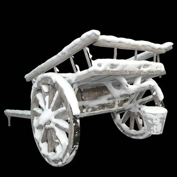 3D渲染有雪覆盖的木制推车。 3D图像 — 图库照片