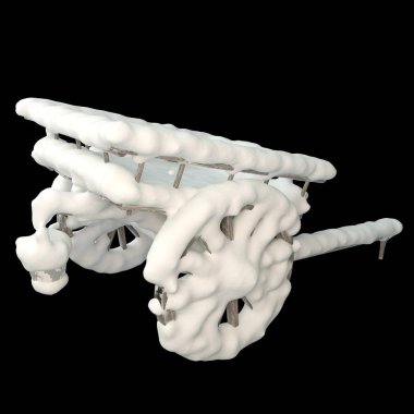 3 boyutlu ahşap araba ve karla kaplı potlar. 3 boyutlu görüntü.