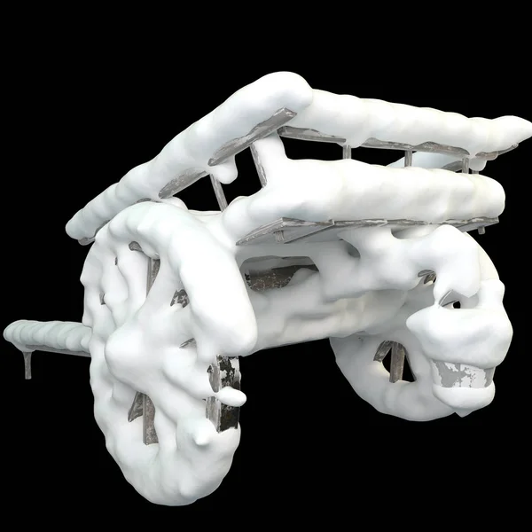 3D图像木制购物车，雪球覆盖。 3D图像 — 图库照片