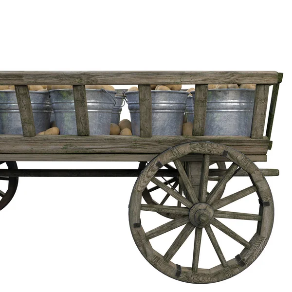 在城外的村子里收获成熟的新鲜土豆 装在铁桶里 站在木车里 — 图库照片