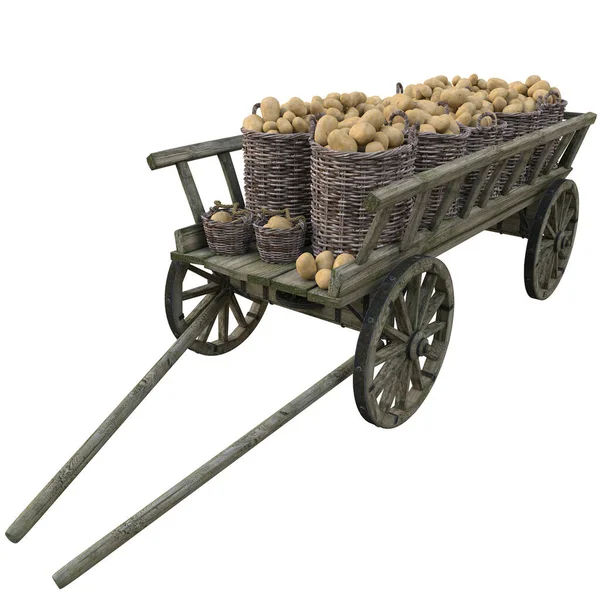 ウィッカーバスケットの熟した新鮮なジャガイモの街の外の村で収穫は木製のカートに立っています — ストック写真
