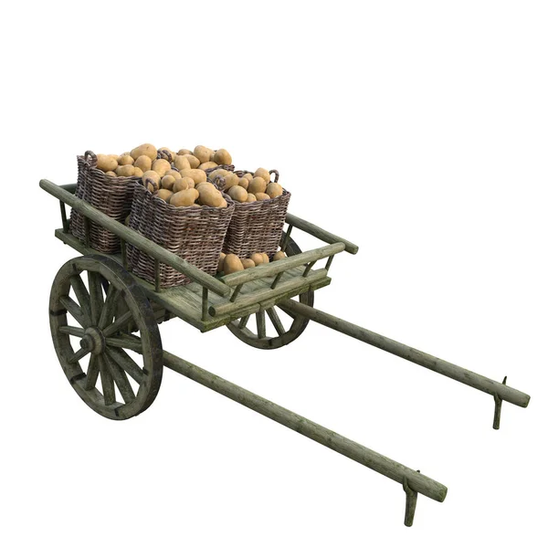 在城外的村子里收获成熟的新鲜土豆 装在铁桶里 站在木车里 — 图库照片