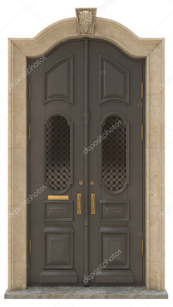 Classic entrance doors for houses and mansions as a decoration of the entrance group with brass and gold fittings