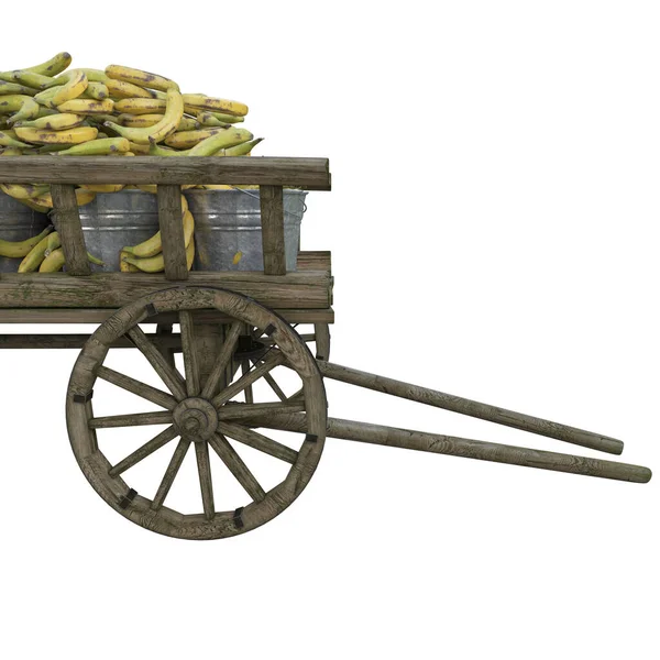 收获成熟的美味香蕉 堆放在木制推车中运往商店 — 图库照片