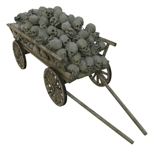 Pile Human Skulls Scattered Wooden Cart Death — Stock Photo, Image
