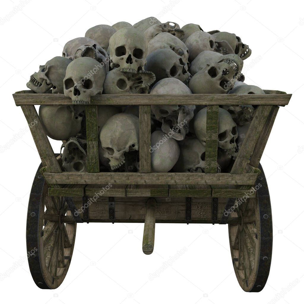 A pile of human skulls scattered in a wooden cart of death