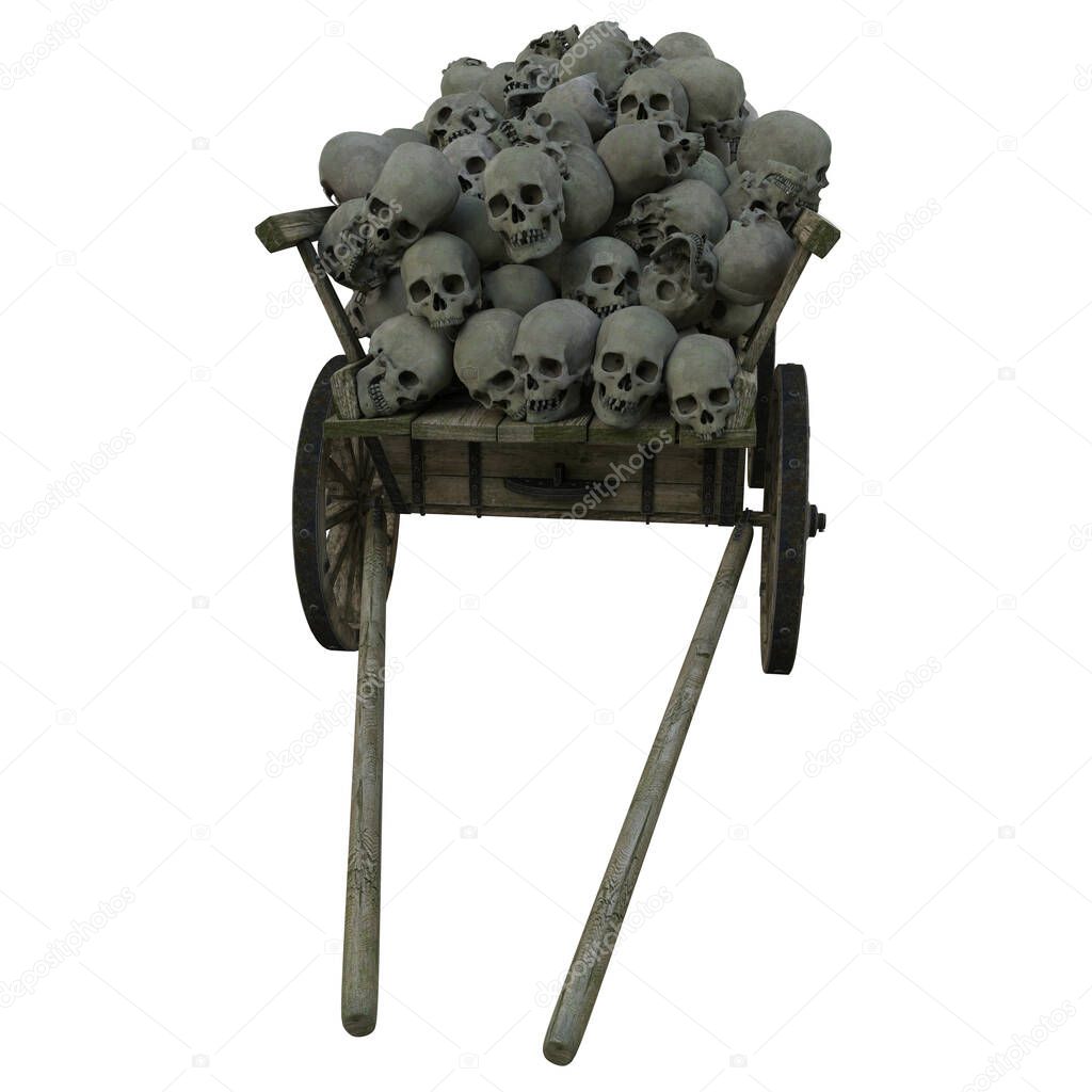 A pile of human skulls scattered in a wooden cart of death