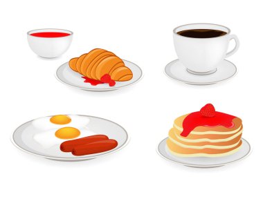 Kahvaltı. Çizgi film vektör yiyecek simgeler kümesi. Kahve, kruvasan, yumurta, gözleme.