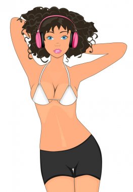 Şort ve bikini ile kulaklık güzel bir kız. Kız müzik dinliyor. Yaz tatili.