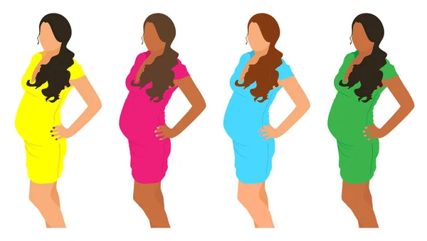 妊娠中の女性のセット さまざまなヘアスタイルとドレスに妊娠中の女性 フラットのベクトル図 — ストックベクタ