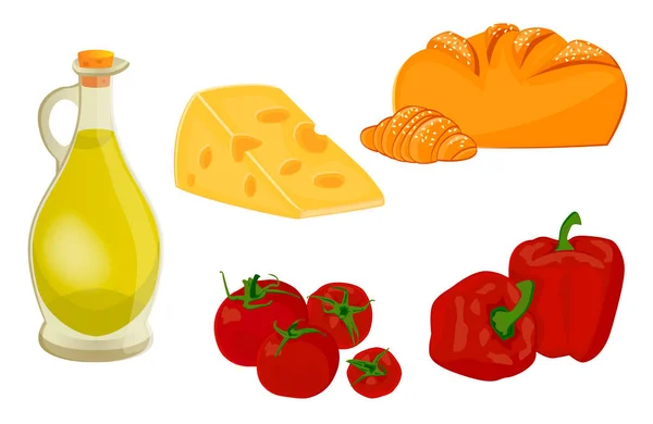 Vektör Ürünler: zeytin yağı, peynir, domates, biber, ekmek ve kruvasan.