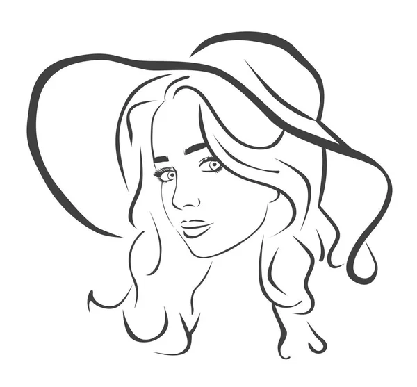 このイメージは 大きなフロッピー帽子を被った長い髪少女のベクトル イラスト — ストックベクタ