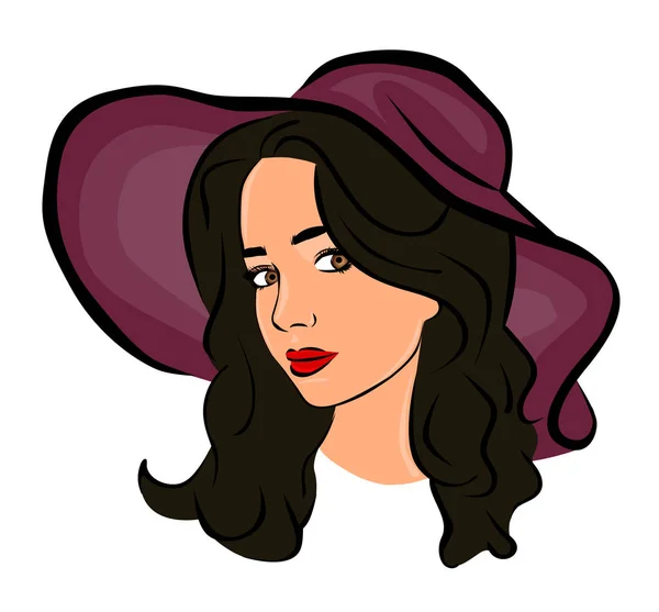 Image Vector Illustration Long Hair Girl Wearing Big Floppy Hat — Stock Vector
