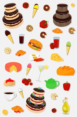 Mama etiket seti: pasta, dondurma, içki, çörek, kruvasan, kafe, Burger, biber, domates, meyve suyu, ekmek, krep, tereyağı, çay, peynir.