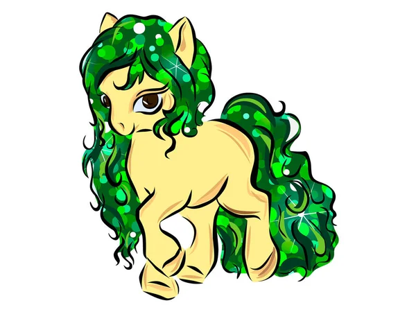 Mignon Dessin Animé Petit Cheval Bébé Blanc Aux Cheveux Verts — Image vectorielle