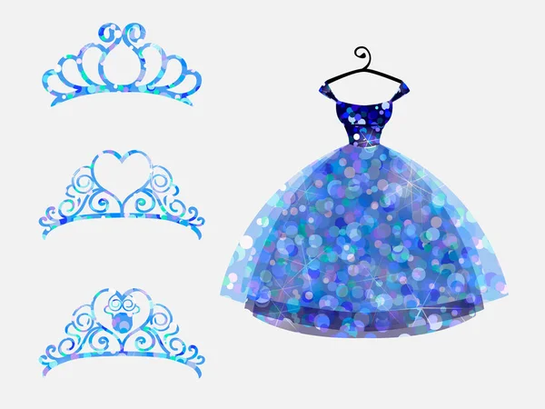 Set Corone Principessa Tiara Bel Vestito — Vettoriale Stock