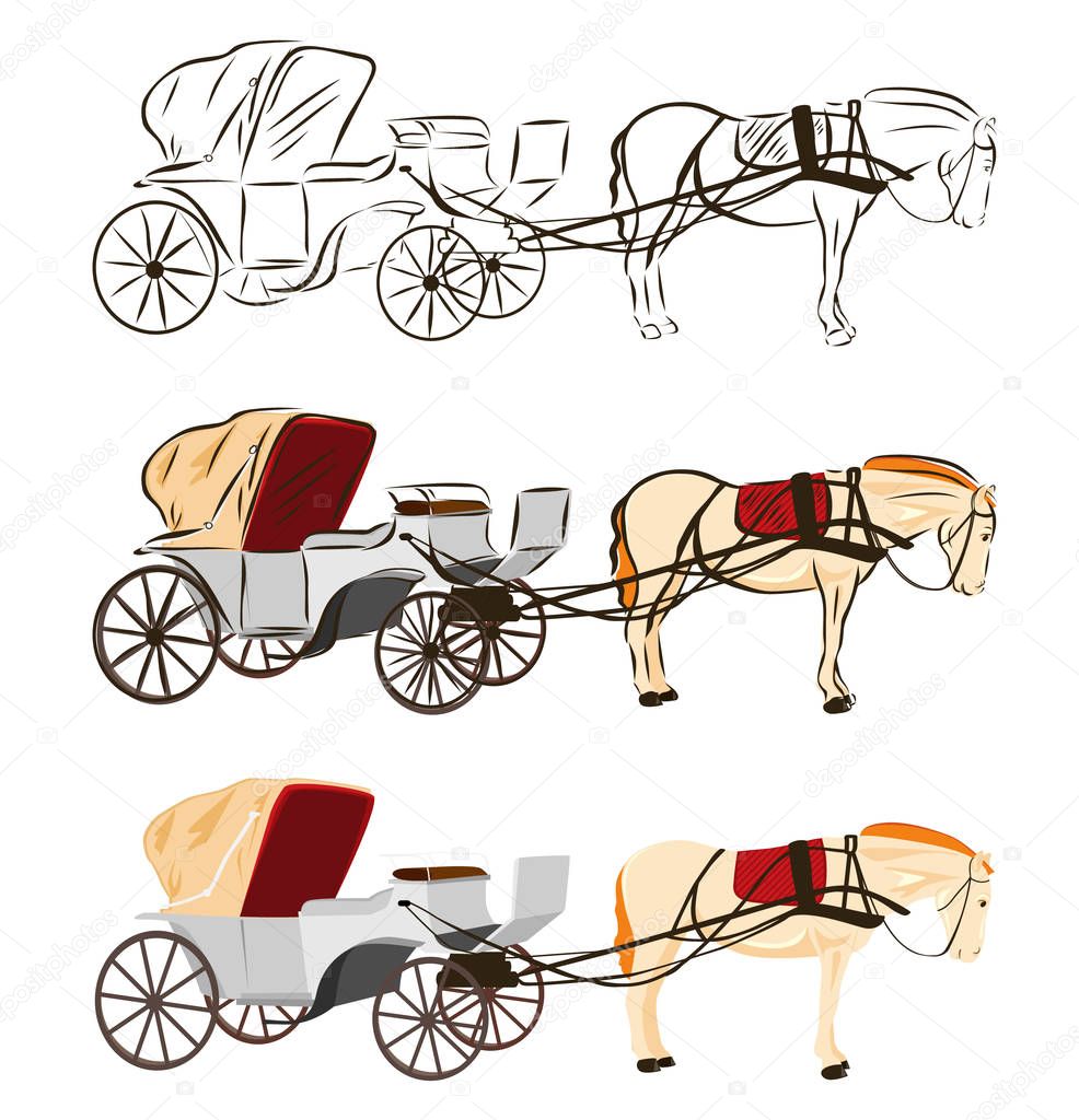 The horse and carriage. Vector set.
