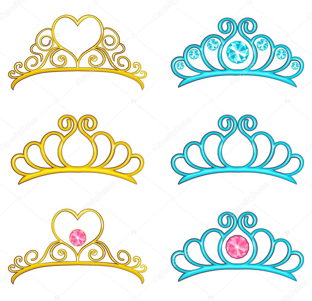 Set of princess crowns (Tiara) isolated on white. Vector illustration