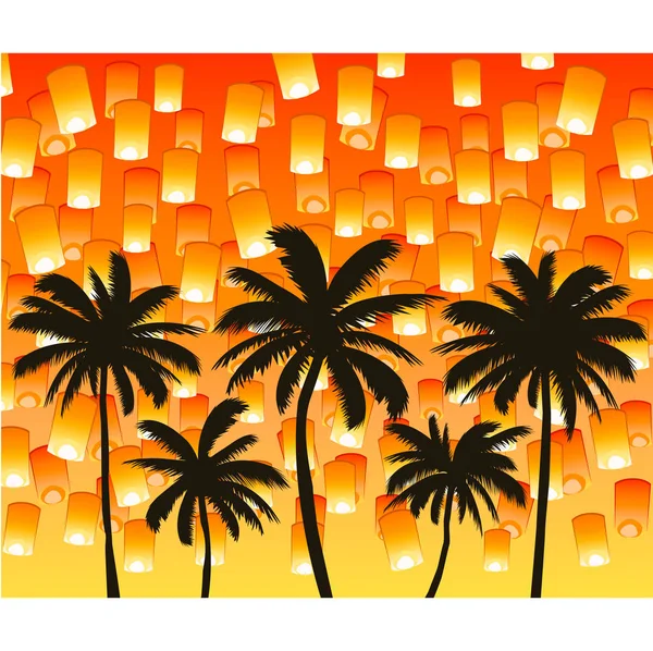 Tailandia Loy Krathong Peng Festival Fondo Con Siluetas Cocoteros Tropicales — Vector de stock