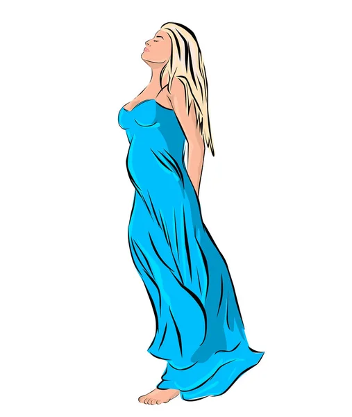 Menina Loira Bonita Vestido Azul — Vetor de Stock