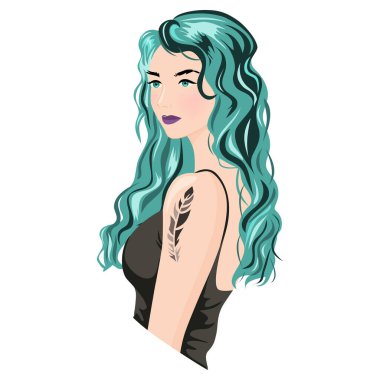 Mavi saçlı ve dövmeli güzel bir kız. Profil fotoğrafı, siluet profili. Kadın avatar profili. Erkek profili simgeleri.