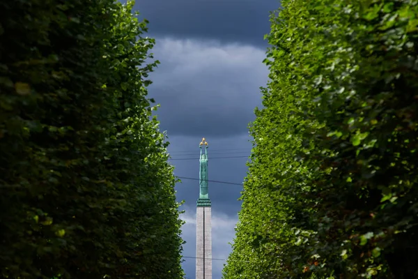 Латвія Рига Вересня 2016 Статуя Між Зеленими Чагарниками Під Хмарний — стокове фото