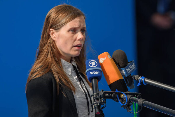 7.2018. БРЮССЕЛЬ, БЕЛЬГИЯ. Премьер-министр Исландии Катрин Якобсдоттир во время визита мировых лидеров в НАТО SUMMIT 2018 (North Atlantic Treaty Organization
).