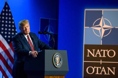 12.07.2018. BRÜZSEL, BELGIUM. NATO (Kuzey Atlantik Antlaşması Örgütü) SUMMMIT 2018 yılında Amerika Birleşik Devletleri Başkanı Donald Trump 'ın basın toplantısı.